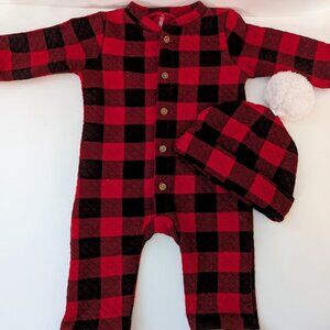 Kyle & Deena New York Baby Red Black Buffalo Check Sleeper and Hat Set 3-6Months